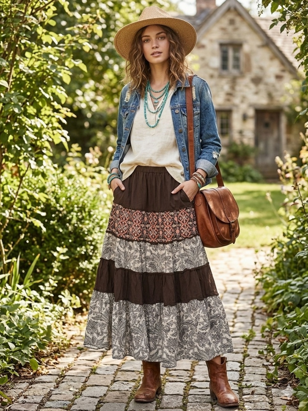 Overdrive Lined Boho Tiered Maxi Skirt Brown Paisley Mixed Print Size L